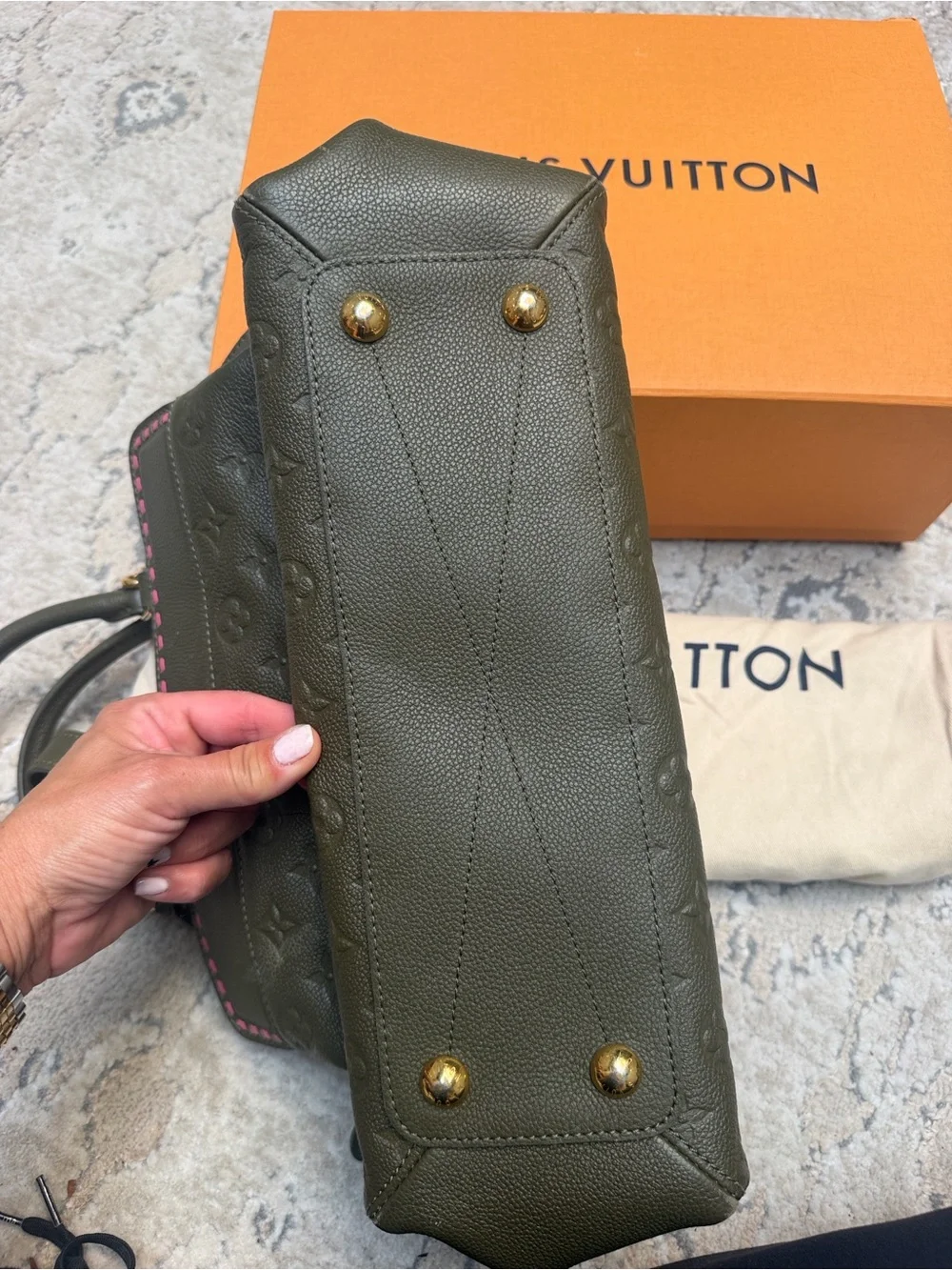 Louis Vuitton Olive Green Monogram Empreinte Satchel with Pink Accent
